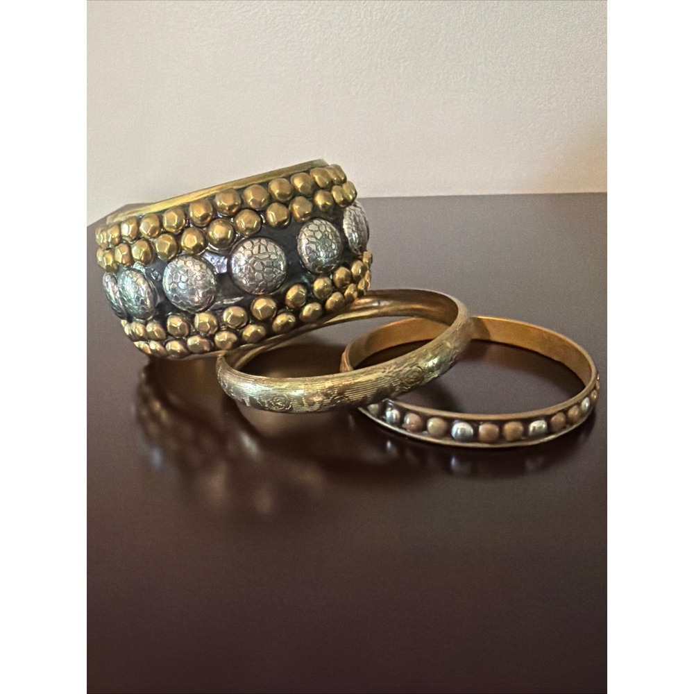 Vintage Mixed Metal Bangle Bracelet Set Boho Studded Cuff Gold Silver Copper 3pc